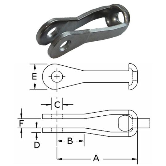 Technical drawing with dimensions of Metal strap fork on a white background
