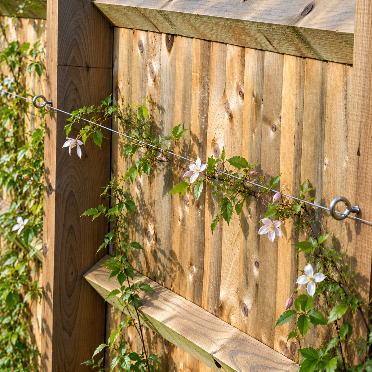 Photo showing the trellis being used to add support for clematis plants on a wooden fence.