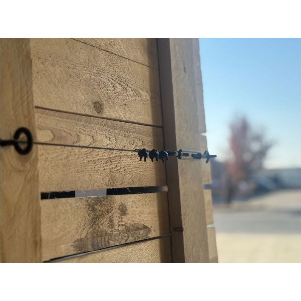 BLACK STAINLESS STEEL ON WOODEN FENCE, 2MM CABLE TRELLIS, CABLE TENSIONER, CATENARY SYSTEM, BLACK WIRE ROPE, BLACK FITTINGS