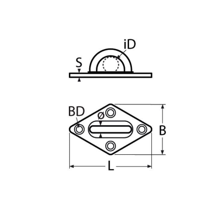 Technical drawing of a diamond eye plate with labeled dimensions on a white background