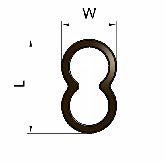Figrue of 8 shaped copper fitting to create loops in cables on a white background with dimensional information 115.000.