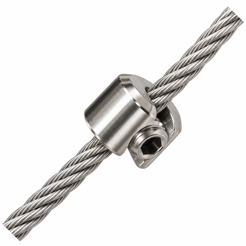 Photo of a stainless steel stop fitting on a wire showing how it connects. On a white background