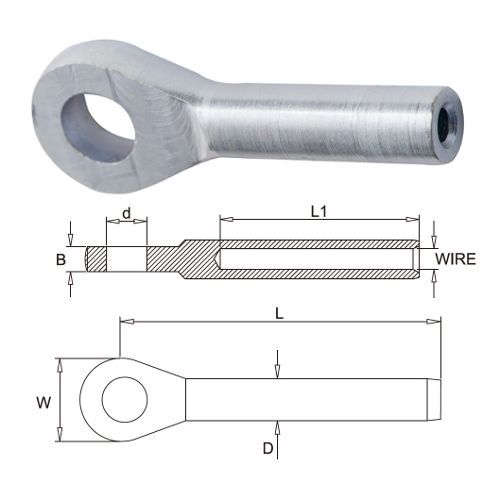 Metal Talugym eye component with dimensions labeled on a white background