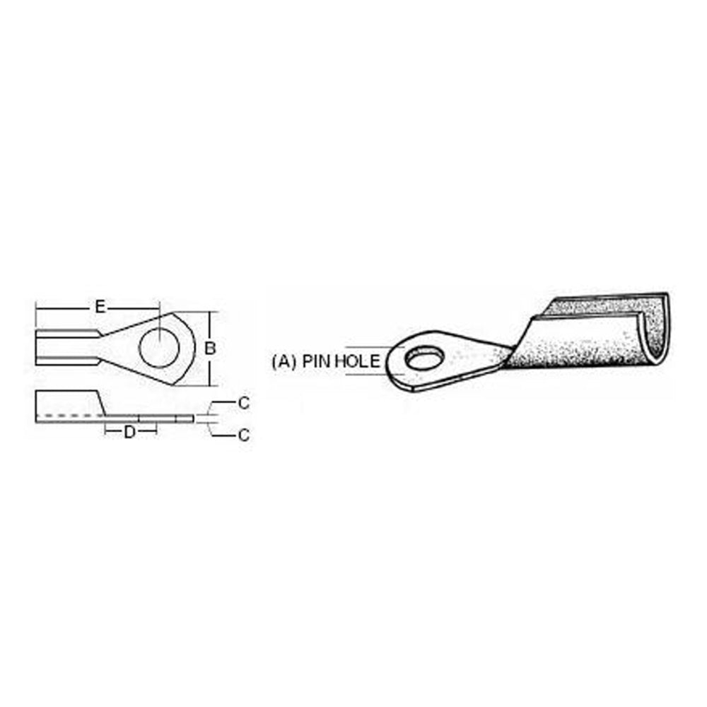 technical drawing of a stainless steel eye terminal on white background showing diameter descriptions along with different views.