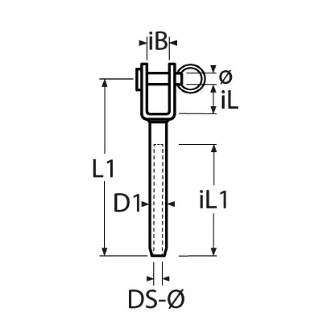 Technical drawing with dimensions of stainless steel swage jaw terminal on white background.
