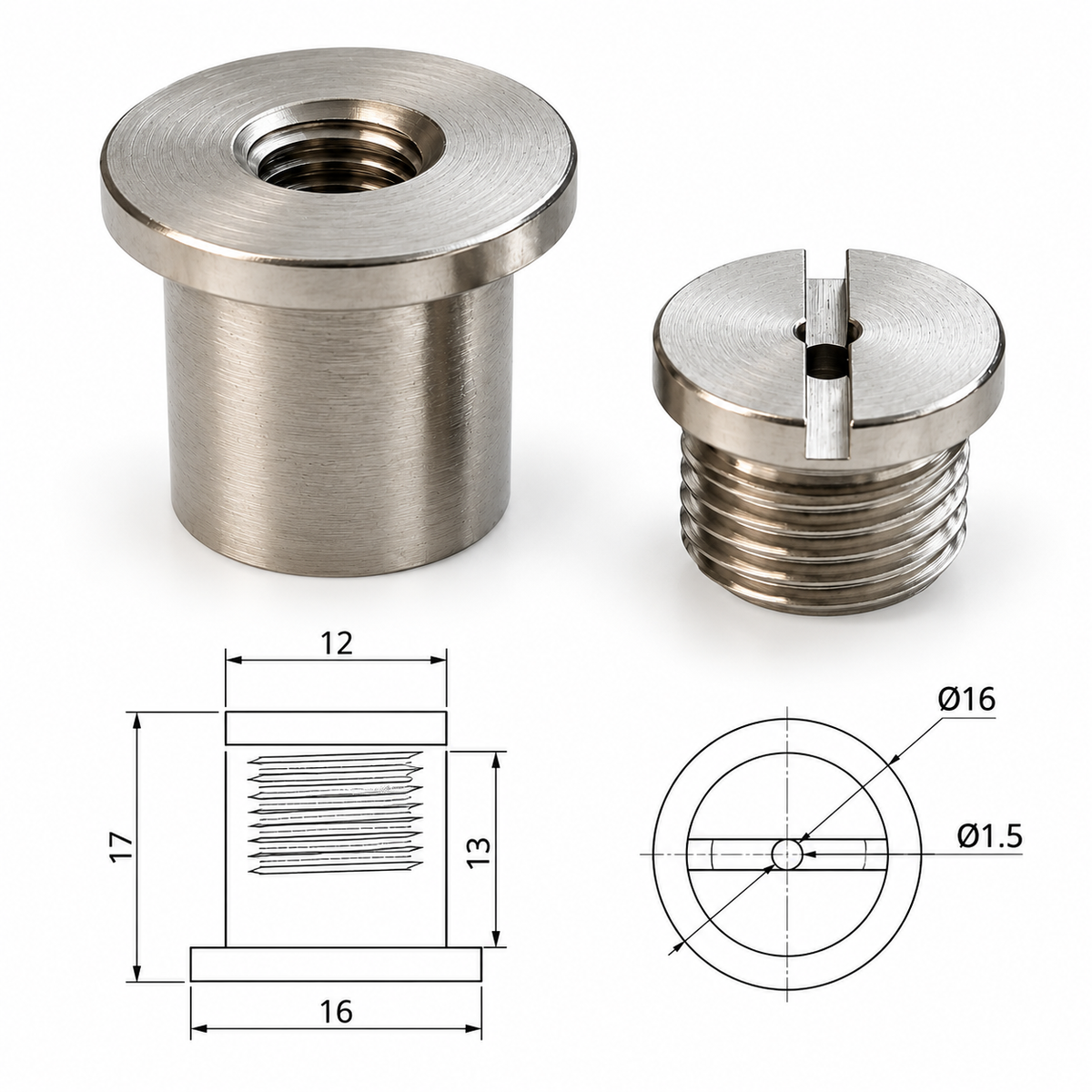Photo of a threaded gripper with a technical drawing below on a white background.
