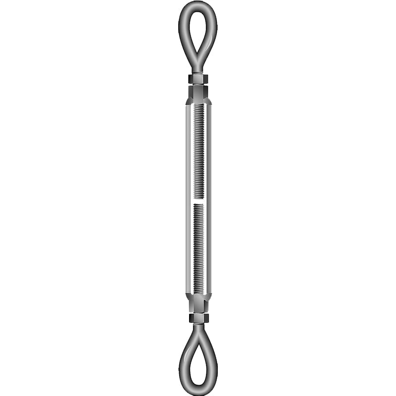 A silver-colored turnbuckle eye and eye, drop forged high tensile steel, used for tensioning cables.