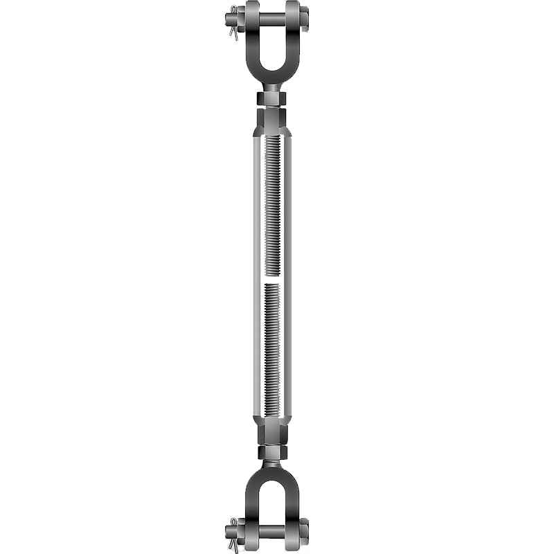 CAD drawing of a drop forged high tensile steel jaw and jaw turnbuckle, showing the detailed screw mechanism and the U-shaped jaws.