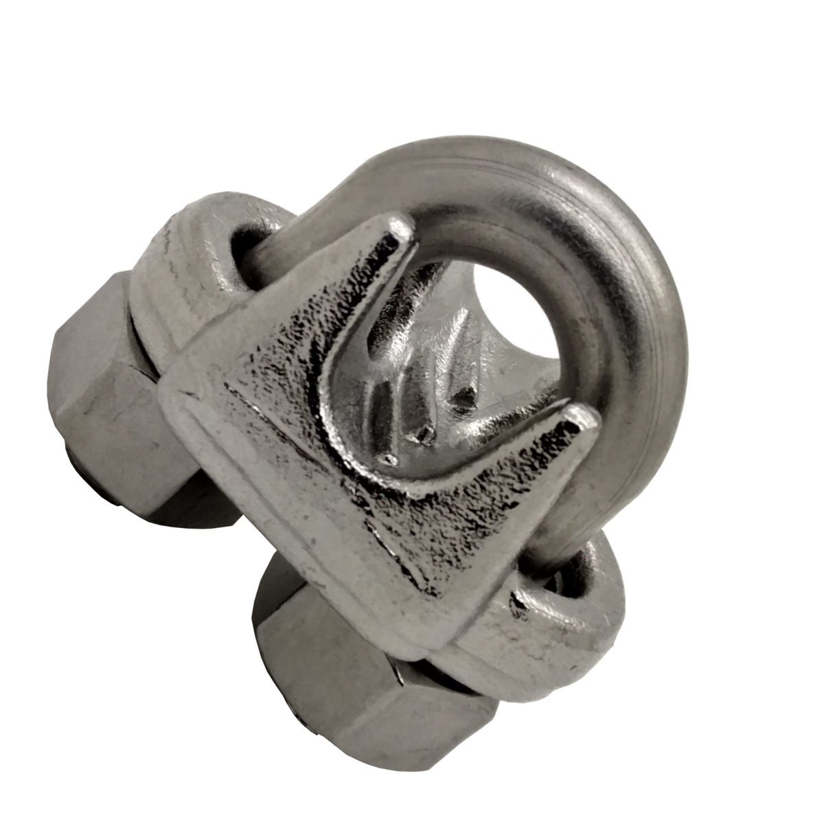 A stainless steel wire rope clip designed for marine applications on a white background.