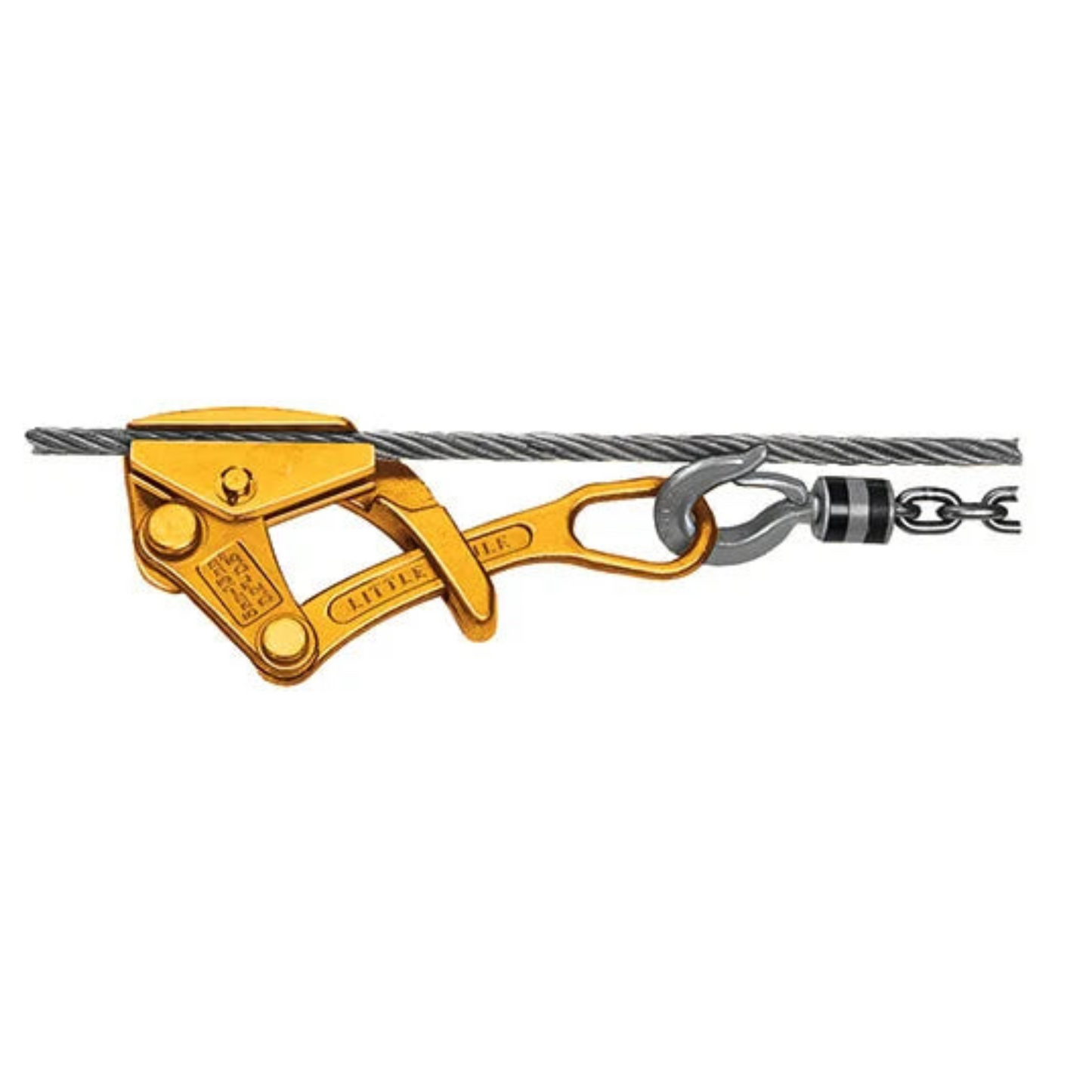 A yellow cable grip device attached to a metallic rope, with the brand name 'CMC' visible.