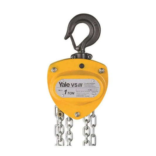 Yellow Yale VS/II chain hoist on a white background
