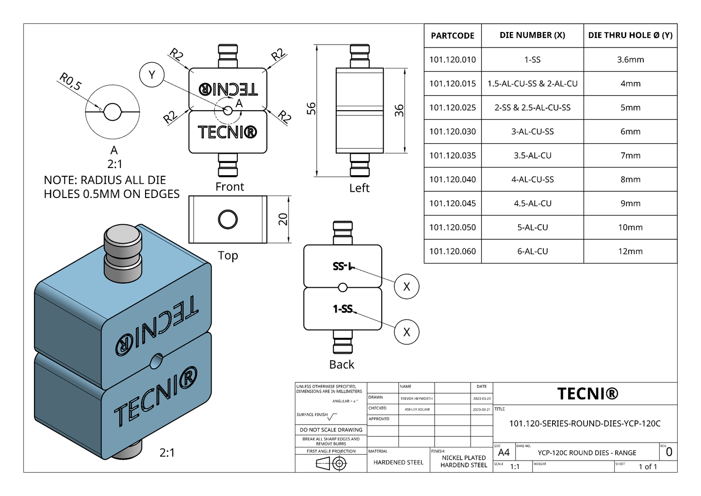 YCP-120C Round Die Set for Code 3 SS, AL & CU Ferrules - 101.120.030