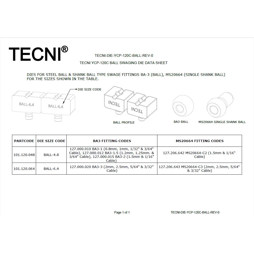 Datasheet showing ball die set information including product codes and fitting codes with product drawings and specifications.