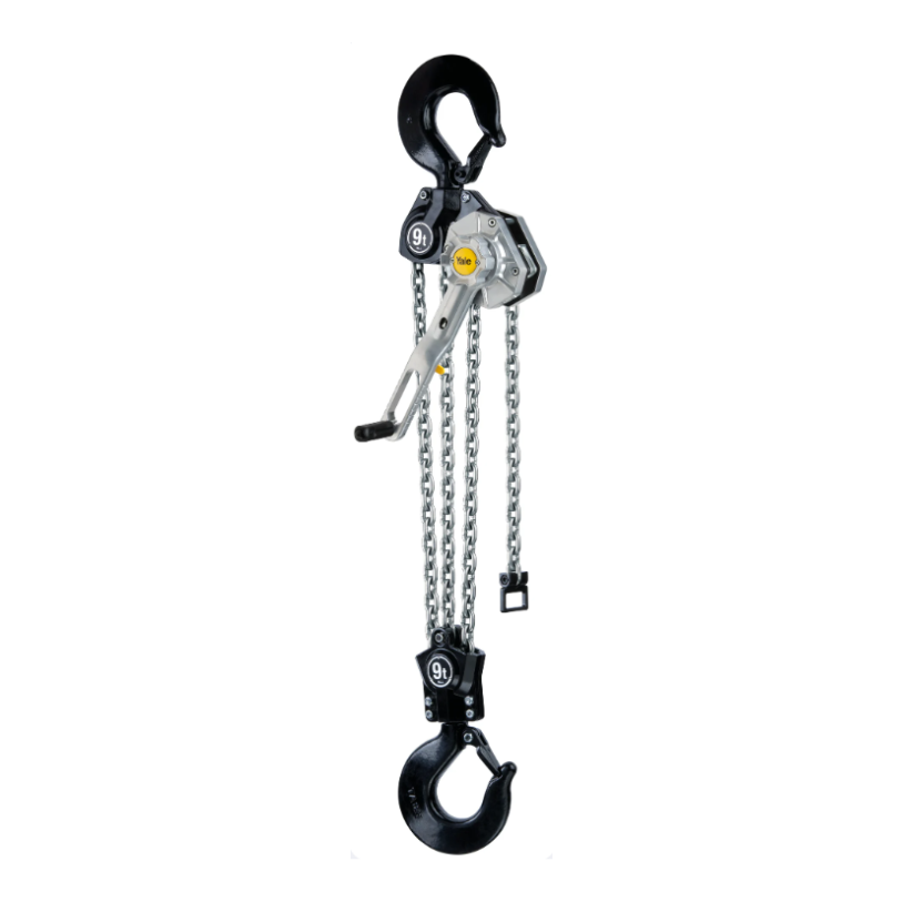 YaleERGO 360 Standard ratchet lever hoists with chain, hand levers and hooks on white background