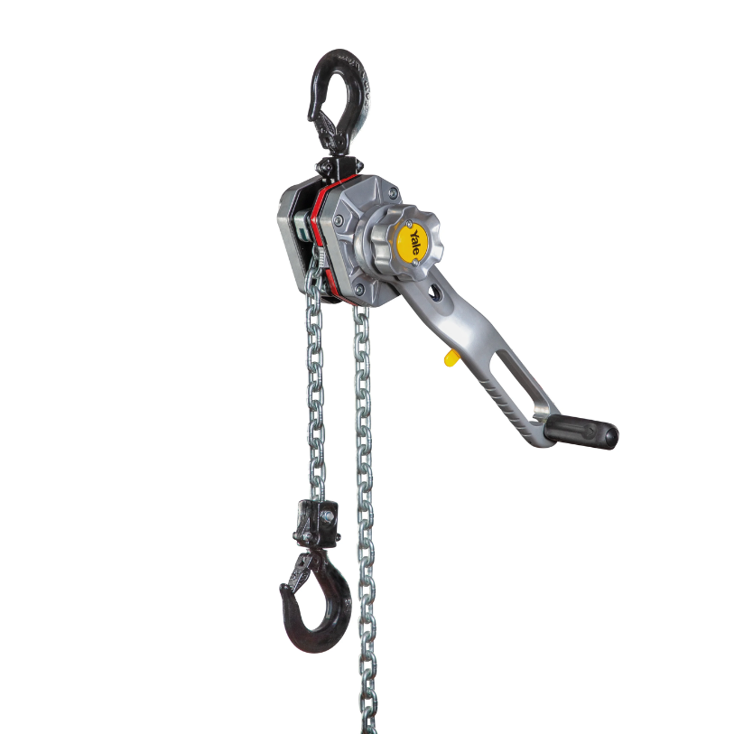 YaleERGO 360 Standard ratchet lever hoists with chain, hand levers and hooks, one showing the front view and the other showing the side view.