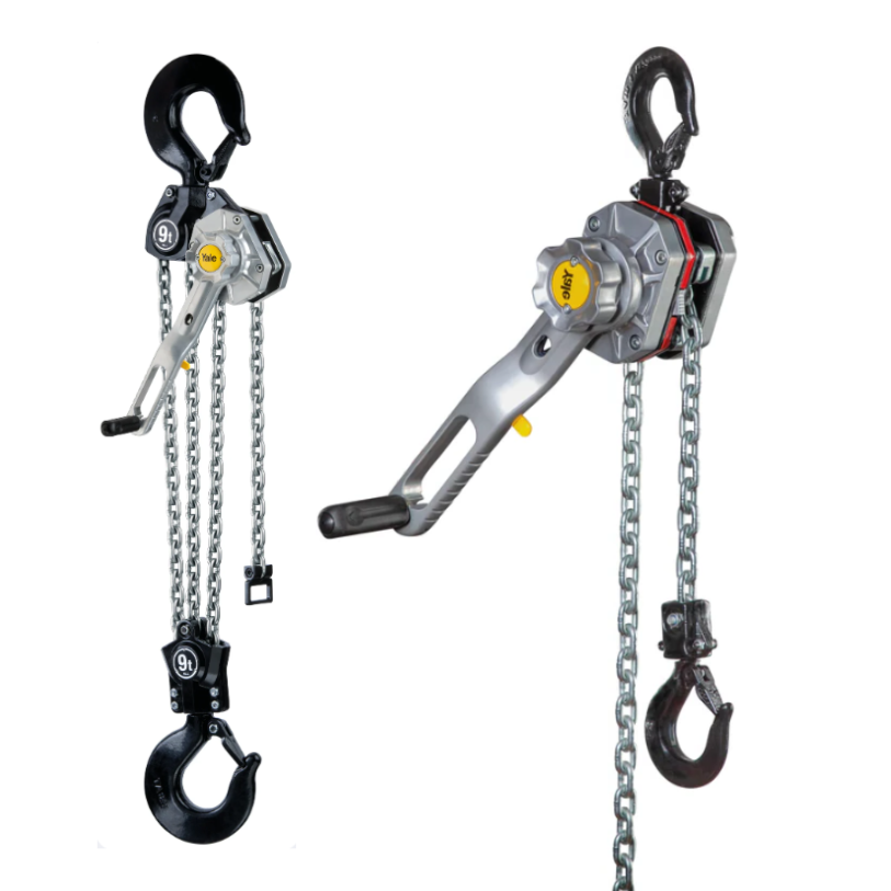 Two YaleERGO 360 Standard & UT ratchet lever hoists with chain, hand levers and hooks, one showing the front view and the other showing the side view.