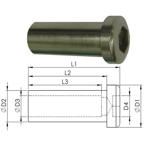 Metal cylindrical component with hexagonal head and dimensions labeled on a white background