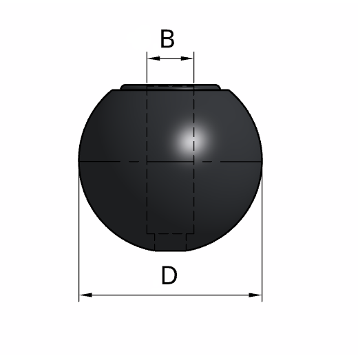 Black Rubber Shock Ball sphere with labeled dimensions on a white background