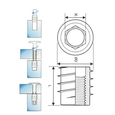 Technical Drawing with dimensions of a M6x15 CZ121 Brass unheaded hex-drive screw in thread for wood. Threaded insert. On a white background.