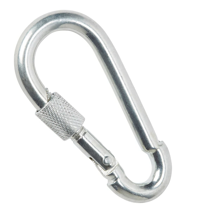Locking metal carabine hook on a white background