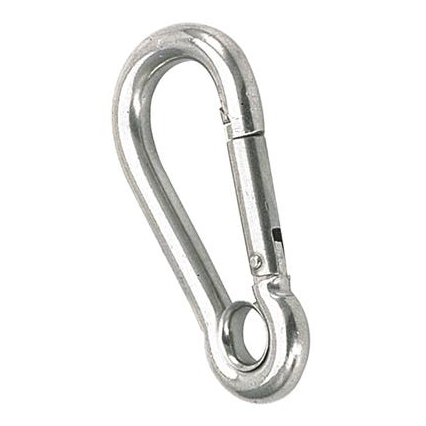 Metal carabine hook with eye on a white background