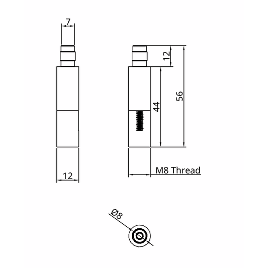 Technical drawing of a mechanical component with dimensions and thread specifications.