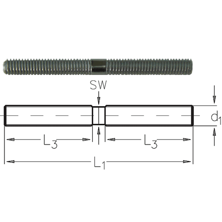 Double threaded woodscrew with diagram and dimensions on a white background.