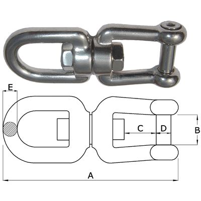 Metal eye jaw swivel with a diagram showing its dimensions on a white background