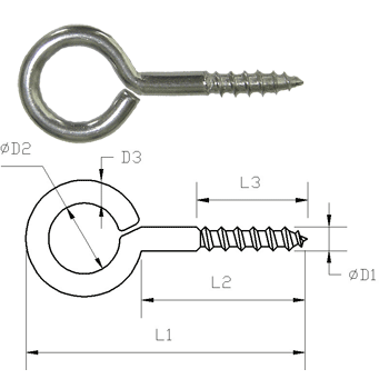 Technical Drawing with dimensions of a screw eye on a white background.