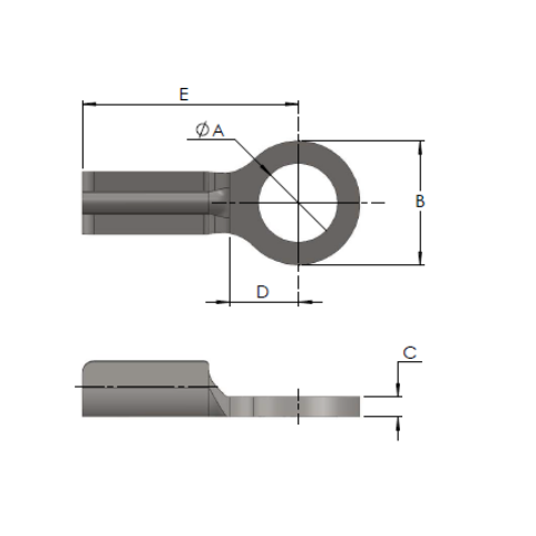 Technical drawing of an eye fitting with dimensions labelled