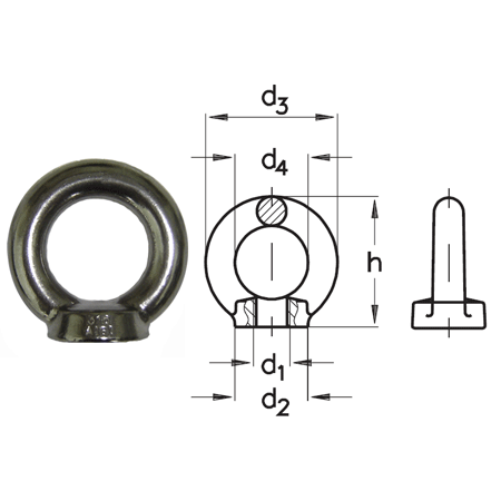 M16 A4-AISI 316 Stainless Steel Eyenut similar to DIN 582 MBL 7000 kgs NOT RATED FOR LIFTING - 308.111.016