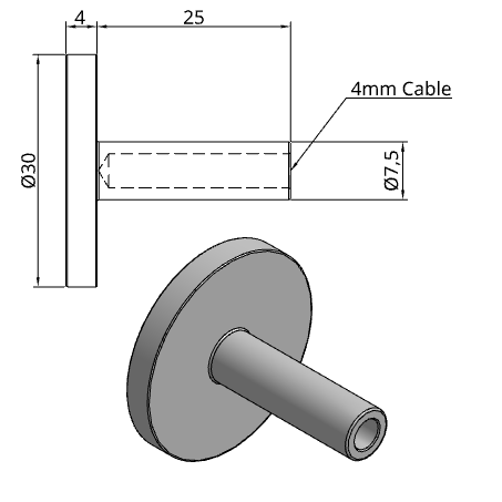 Technical drawing of Tecni Gym end stop fitting with dimensions on white background.
