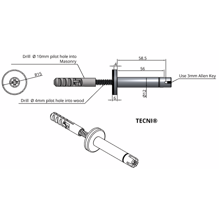 Technical diagram of a screw with measurements and TECNI branding on a white background.