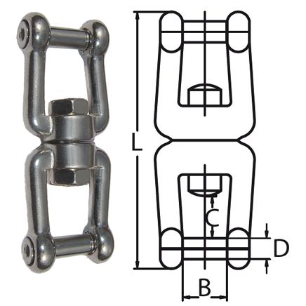 Metal jaw swivel with a diagram showing its structure on a white background