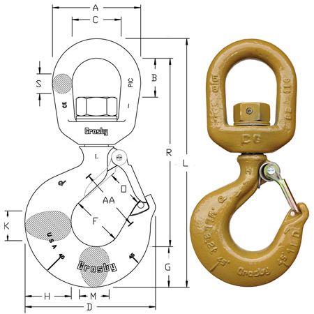 Technical drawing and physical image of a Crosby alloy steel swivel hook with dimensions labeled.