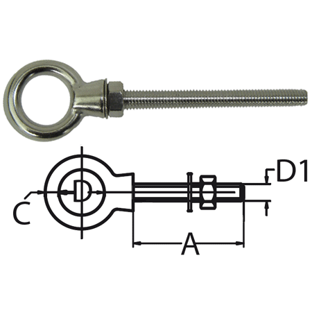 Long eyebolt with technical drawing dimensions on a white background