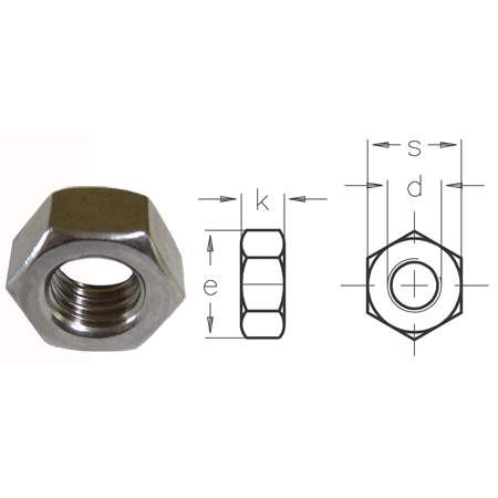 Technical drawing of a hexagon nut with dimensions on a white background.