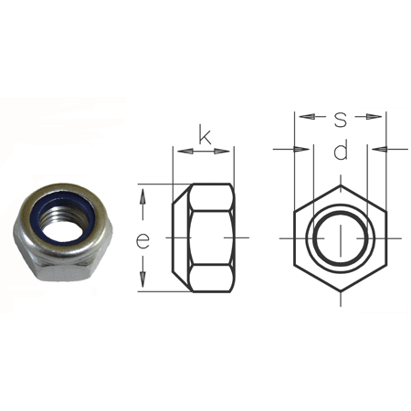Diagram of a stainless steel hexagon Nyloc lock nut with a blue nylon collar insert with dimensions on a white background.