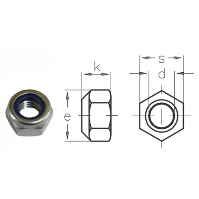 Technical drawing of a Metal nut with dimensions on a white background.
