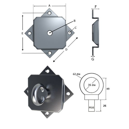 Technical drawing of a pad eye plate component with dimensions labeled on a white background
