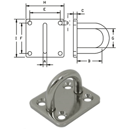 Rectangular eyeplate and technical drawing with dimensions on a white background