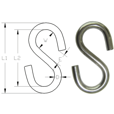 Technical drawing of an S hook with dimensions on a white background.
