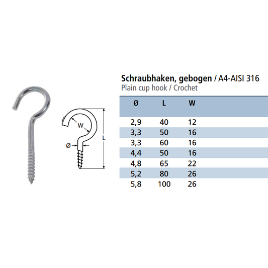 Stainless Screw Hooks with Wood Thread (Light Duty)
