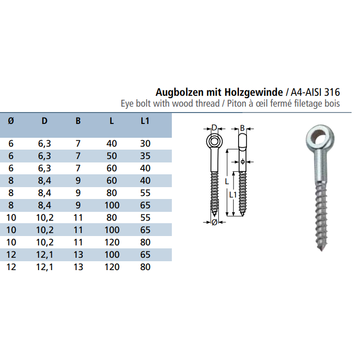 Eye bolt with wood thread specifications on a white background