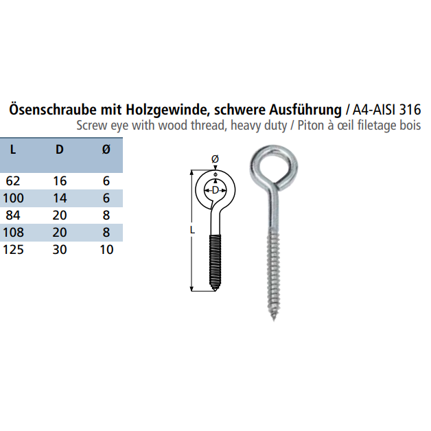 Stainless Screw Eyes with Wood Thread (Heavy Duty)