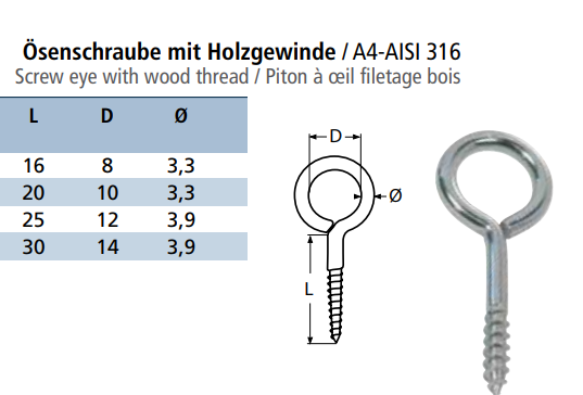 Stainless Screw Eyes with Wood Thread (Light Duty)