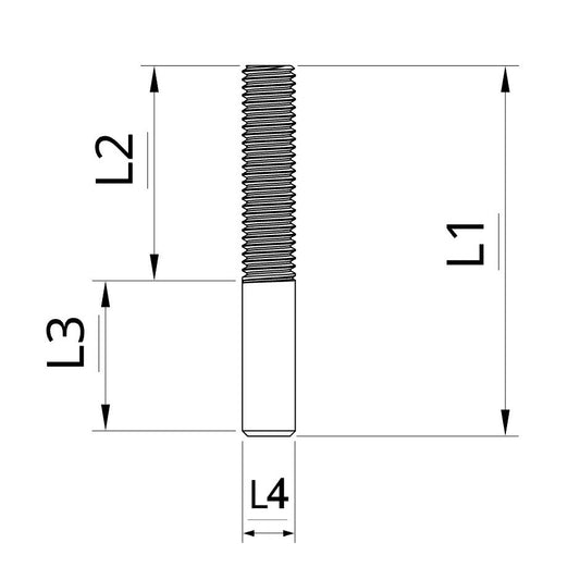 Technical drawing of a threaded stud with labeled dimensions on a white background