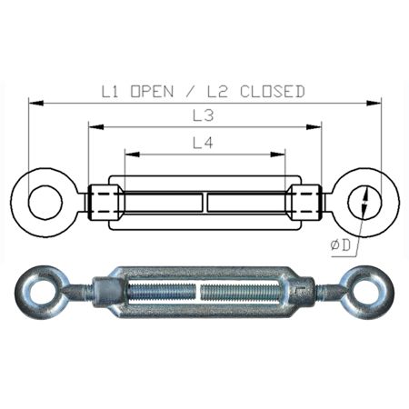 M6 Galvanised Eye & Eye Turnbuckle DIN 1480 Forged Turnbuckles Open Type - Body Forged to Standard - Threaded sections commercial quality only - 166.053.006