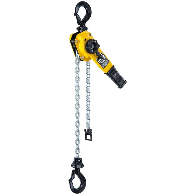 Yellow and black chain hoist on a white background