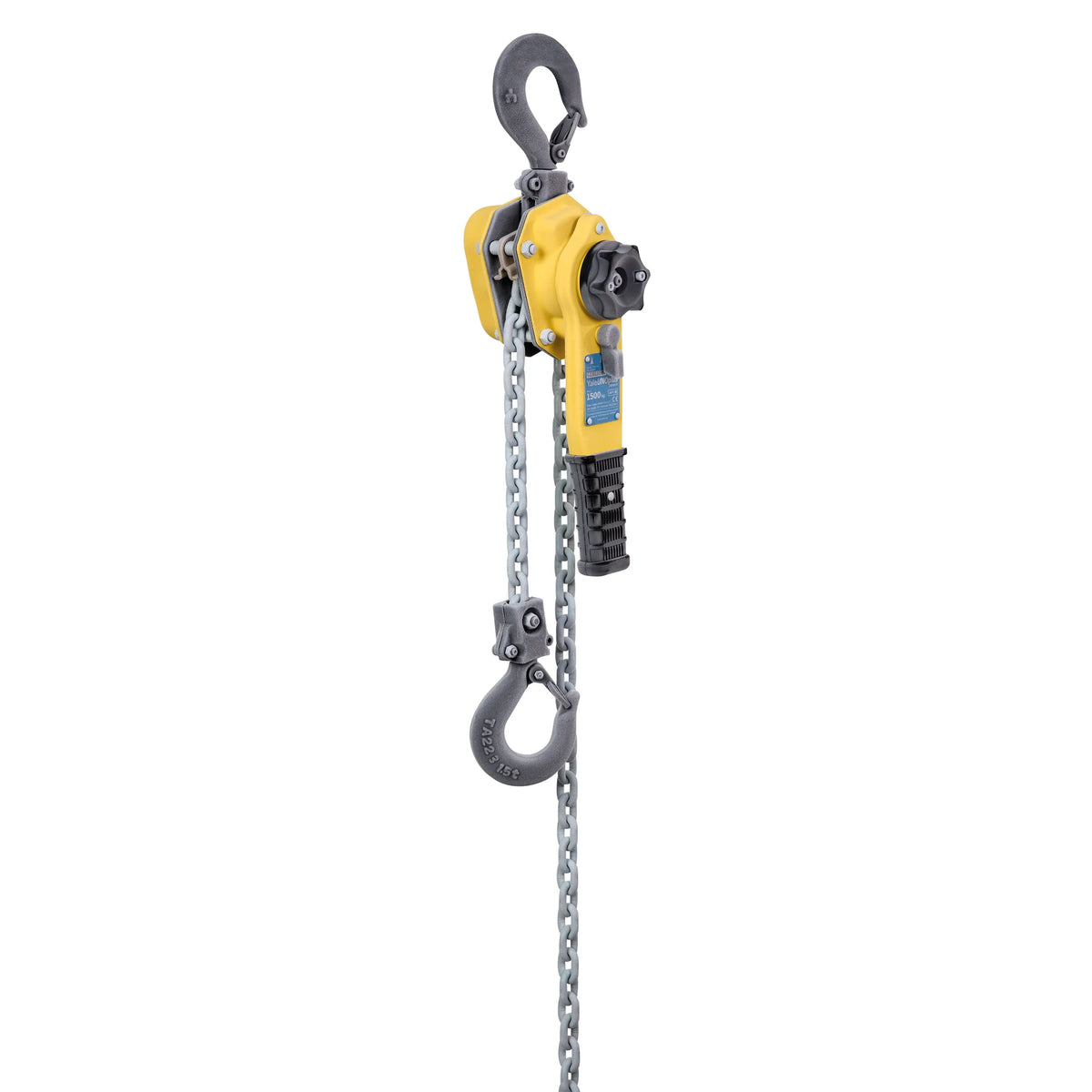Yellow hand chain block hoist on a white background